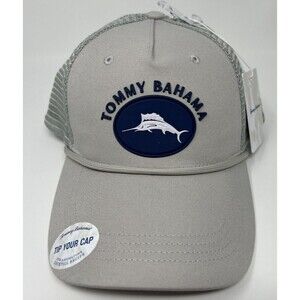 Tommy Bahama “Tip Your Cap” Marlin Patch Mens Grey Trucker Hat Baja Margarita
